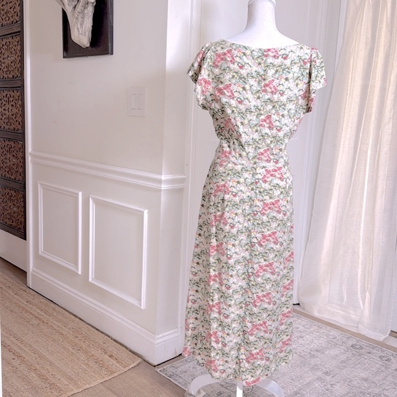 Loft Floral V-Neck Button Closure Midi Dress Short Sleeve 100% Rayon A line L - Picture 4 of 11
